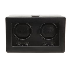 Heritage double watch winder in black, featuring two winding modules, a glass display lid and premium storage design.