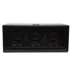 Heritage triple watch winder in black, featuring three winding modules, a glass display lid and premium storage design.