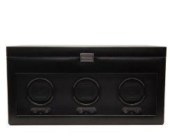 Heritage Triple Watch Winder with storage in Black. Image displaying the front of the winder.