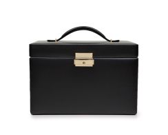 Heritage Small Jewelry Box in Black. Box positioned forward facing with the lid closed.