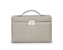 Heritage Small Jewelry Box in Pewter Saffiano. Box positioned forward facing with the lid closed.