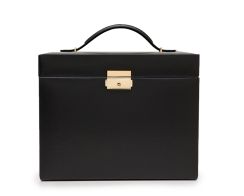 Heritage Medium Jewelry Box in Black. Box positioned forward facing with the lid closed.