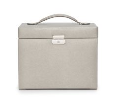 Heritage Medium Jewelry Box in Pewter Saffiano. Box positioned forward facing with the lid closed.