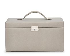 Heritage Large Jewelry Box in Pewter Saffiano. Box positioned forward facing with the lid closed.