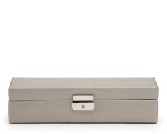 Heritage Safe Deposit in Pewter Saffiano. Box positioned forward facing with the lid closed.