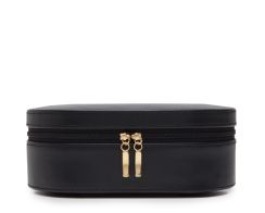 Closed front view of the Heritage Oval Zip Case showcasing the smooth black plant-based materials exterior and dual metallic gold zipper pulls.