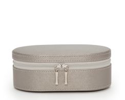Closed front view of the Heritage Oval Zip Case showcasing the textured Pewter Saffiano plant-based materials exterior and dual metallic silver zipper pulls.