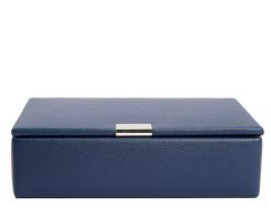 Heritage 8 Piece Cufflink Box in smooth navy plant-based materials, shown closed from a straight front view displaying its sleek rectangular shape and central silver magnetic metal clasp.