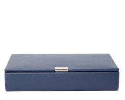 Navy Version
Image 1 (Front View, Closed)
Alt Text: Heritage 15 Piece Cufflink Box in smooth navy plant-based materials, shown closed from a straight front view displaying its sleek, elongated rectangular shape and central silver magnetic closure tab