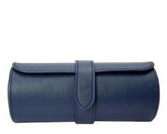 Front profile view of the closed navy Heritage Watch Roll, highlighting its cylindrical shape, clean perimeter stitching, and secure closure strap.