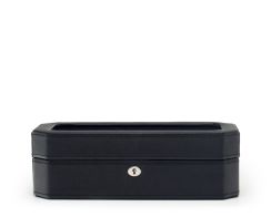 Front profile view of the closed black Windsor 5 Piece Watch Box, showcasing its unique octagonal beveled corners, clean black stitching, and polished silver key-lock hardware.