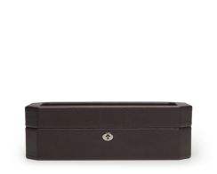 Front profile view of the closed brown Windsor 5 Piece Watch Box, showcasing its unique octagonal beveled corners, clean matching brown stitching, and polished silver key-lock hardware.