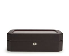 Front profile view of the closed brown Windsor 10 Piece Watch Box, showcasing its distinct octagonal beveled corners, clean matching brown stitching, and a polished silver key-lock mechanism.