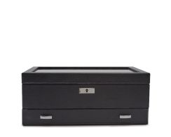 WOLF Macassar 10 Piece Watch Box with drawer in black, front view showing full box and the keyhole.