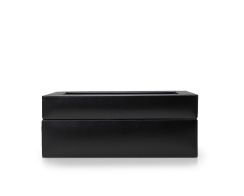 Heritage 8 Piece Watch Box shown from a straight front view, showcasing a clean, structured rectangular profile in premium black smooth material, featuring a large glass viewing window in the lid.