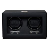 Black Heritage double watch winder with two watch holders and control panels, front view.
