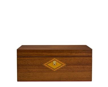 Front view of the closed WOLF Ballet Nutcracker Musical Jewellery Box in walnut wood, showing the diamond-shaped lock detail and gold-finish hardware.