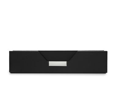 Heritage Set of 2 Valet Trays in smooth black plant-based materials, shown fully nested from a straight front view with a low-profile silhouette and a front silver hardware accent.