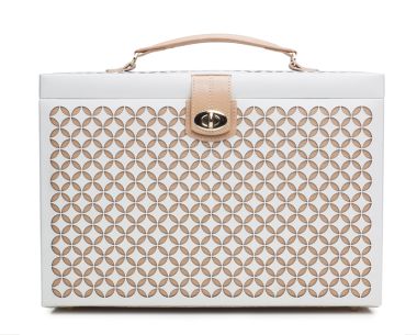 Top Row
Image 1 (Front View, Closed - Small)
Alt Text: Chloe Extra Large Jewelry Box shown from a straight front view, showcasing a large rectangular profile in cream leather with intricate geometric laser-cut detailing.
