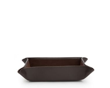 Blake Coin Tray in brown material and brown fabric, straight-on profile view showing a rectangular tray design with flared corners.