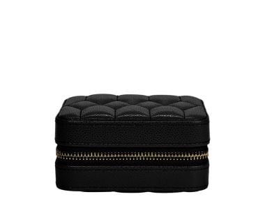 Lauren Zip Travel Case in Black closed, featuring quilted exterior with geometric stitch detailing.