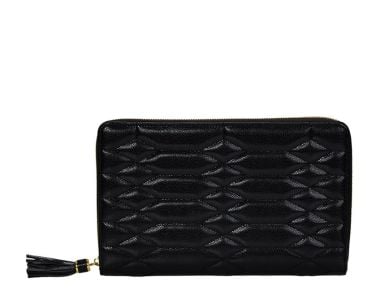 Lauren Large Portfolio in Black closed, featuring quilted exterior with geometric stitch detailing.