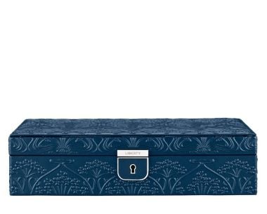 Navy embossed jewellery box with silver-tone lock with Liberty logo, front exterior view.