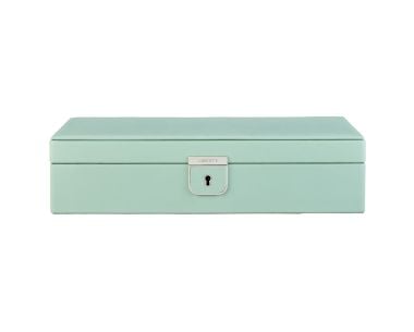 sage green jewellery box with silver-tone lock with Liberty logo, front exterior view.