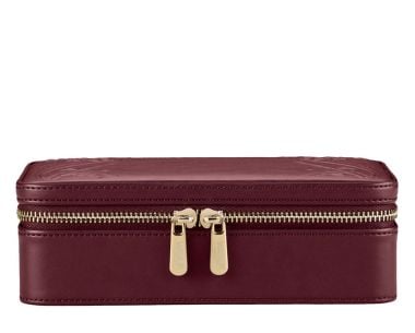 Burgundy zip jewellery case, front exterior view with dual gold-tone zipper pulls.