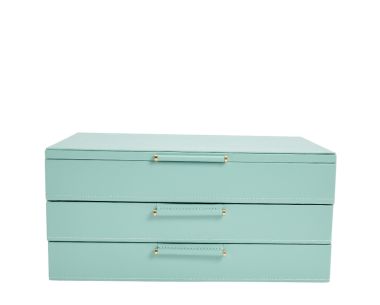 Sophia Jewelry Box with Drawers in smooth jade green. Front profile view of the closed jade green Sophia Jewelry Box, showcasing its clean rectangular silhouette, neat perimeter accent stitching on the flat top lid, and minimalist gold bar hardware.