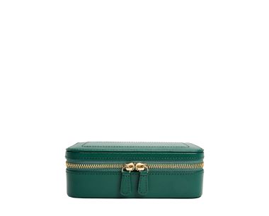 Front profile view of the closed forest green Sophia Travel Zip Case, showcasing its rounded rectangular silhouette, neat stitching lines along the top panel, and central gold zipper pulls.