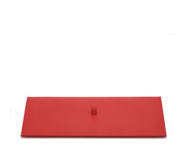 Vault tray lid in red, featuring a slim rectangular design, premium finish and integrated pull tab.