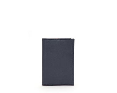 Navy blue travel document holder, front exterior view with slim profile and stitched edges.