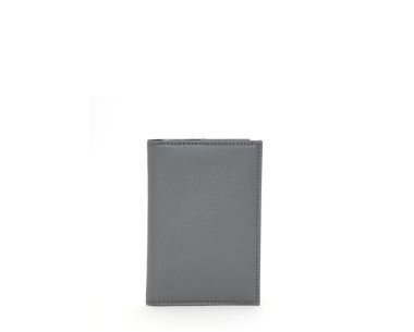 Grey travel document holder, front exterior view with slim profile and stitched edges.