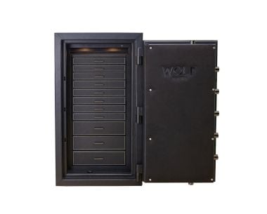 Open Athos safe in black showcasing multiple storage drawers, watch compartments and a premium interior.