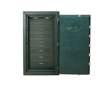 Open Athos safe in green showcasing multiple storage drawers, watch compartments and a premium-lined interior.