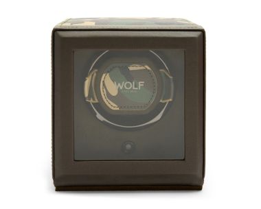 Front view of the WOLF Elements Single Watch Winder Earth edition, showing the glass viewing window, single watch cuff and compact cube design.