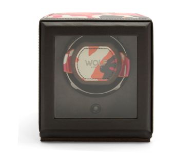 Front view of the WOLF Elements Single Watch Winder Fire edition, showing the glass viewing window, single watch cuff and compact cube design.