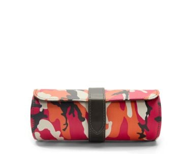 Front view of the WOLF Elements Triple Watch Roll Fire edition, featuring the camouflage-pattern exterior, strap closure and cylindrical travel case design.