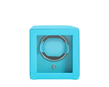 Front view of the WOLF Cub Single Watch Winder with Cover in turquoise