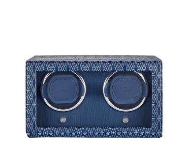 Front view of the Signature double watch winder featuring a patterned blue exterior, dual winding compartments and premium detailing.