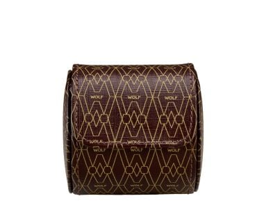 Brown patterned travel watch roll, front exterior view with geometric WOLF monogram design and secure flap closure.