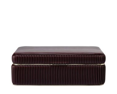 Front view of the WOLF Bella Medium Jewellery Box, showing the smooth vegan leather lid, pleated sides and gold-finish hardware.