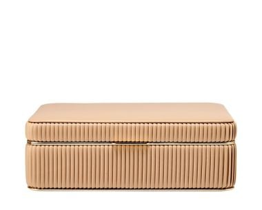 Front view of the WOLF Bella Medium Jewellery Box, showing the smooth vegan leather lid, pleated sides and gold-finish hardware.