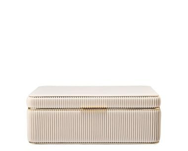 Bella medium jewellery box in bone with pleated exterior and rectangular design, front view