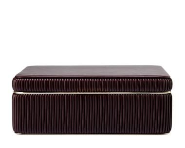 Front view of the WOLF Bella Large Jewellery Box, showing the smooth vegan leather lid, pleated sides and gold-finish hardware.