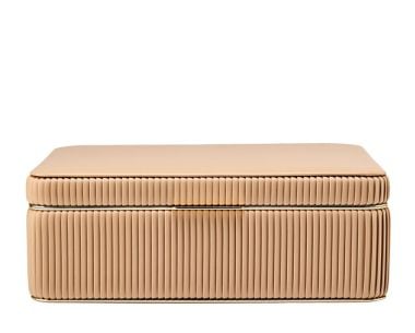 Front view of the WOLF Bella Large Jewellery Box, showing the smooth vegan leather lid, pleated sides and gold-finish hardware.