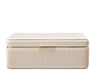 Front view of the WOLF Bella Large Jewellery Box, showing the smooth vegan leather lid, pleated sides and gold-finish hardware.