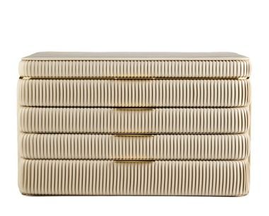 Bone Bella Armoire jewellery box with pleated exterior and gold-tone detailing, front view.