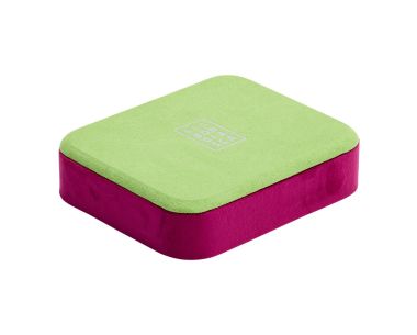 Bea Bongiasca Small Jewelry Tray in green and purple, showing the soft green tray lid and purple vegan leather base.